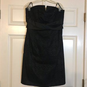 Strapless Formal Black Brocade Evening Cocktail Dress w/ Notched V
